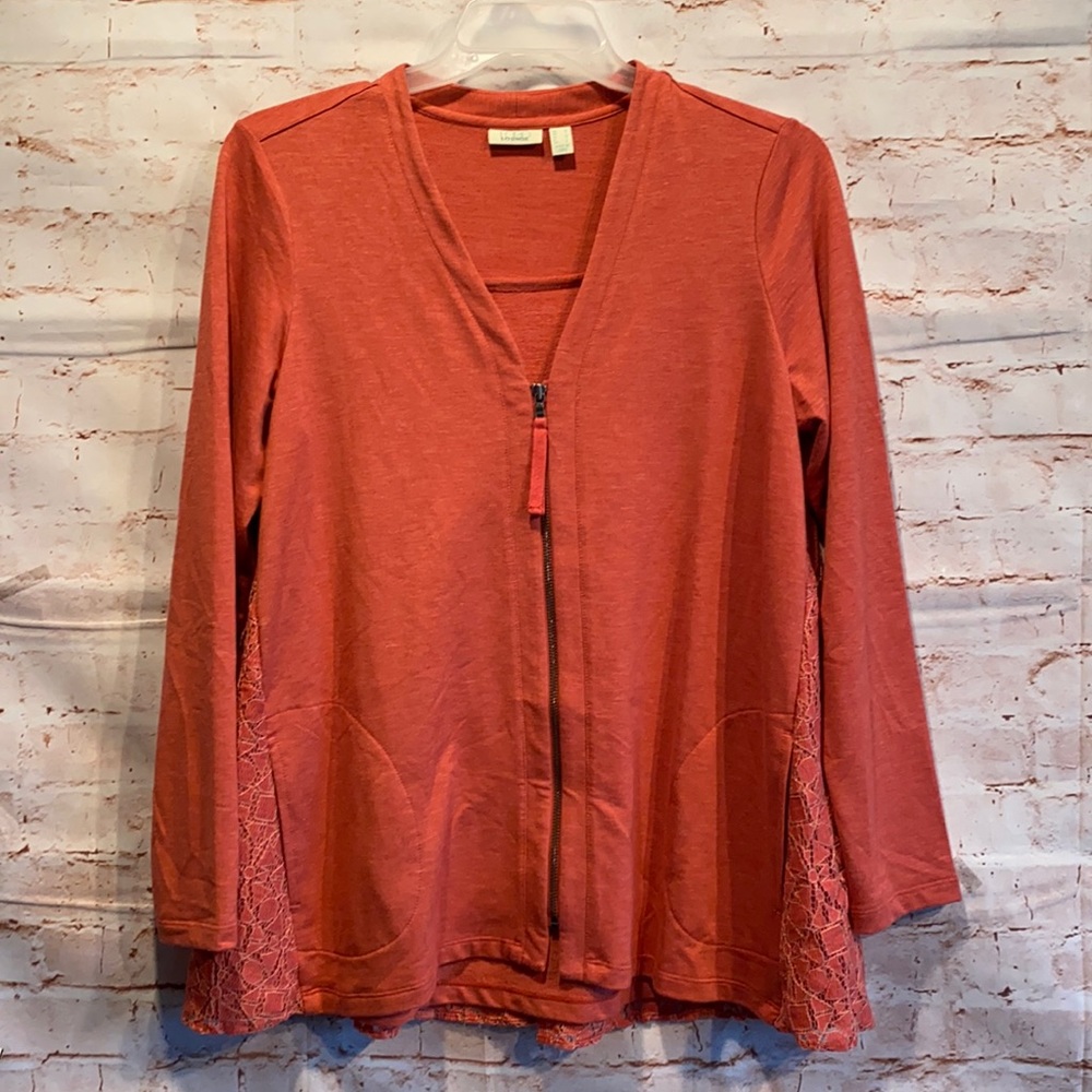 LOGO Lounge by Lori Goldstein Zip front cardigan lace back Medium coral full zip